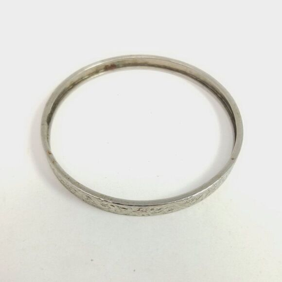 Vintage Scroll Design Silver Tone Bangle Bracelet, Stacking, Skinny, Estate - Picture 5 of 6